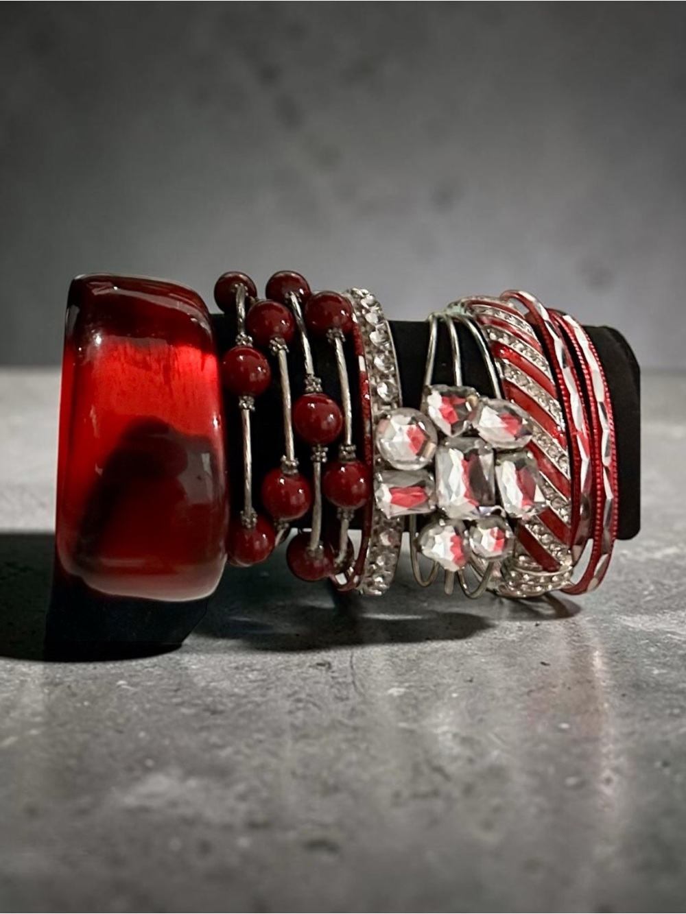 Signature Faith Red Crystal Bead Stack Bracelet Set Wide Lucite Cuff Statement
